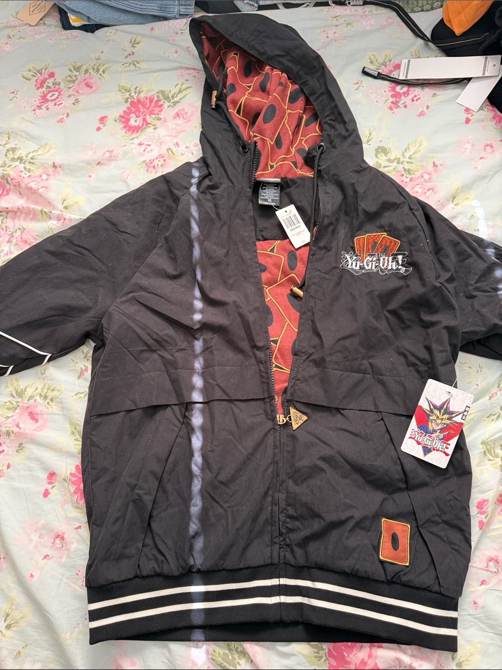 Yu-Gi-Oh! Black Hooded Bomber Jacket with Red Lining